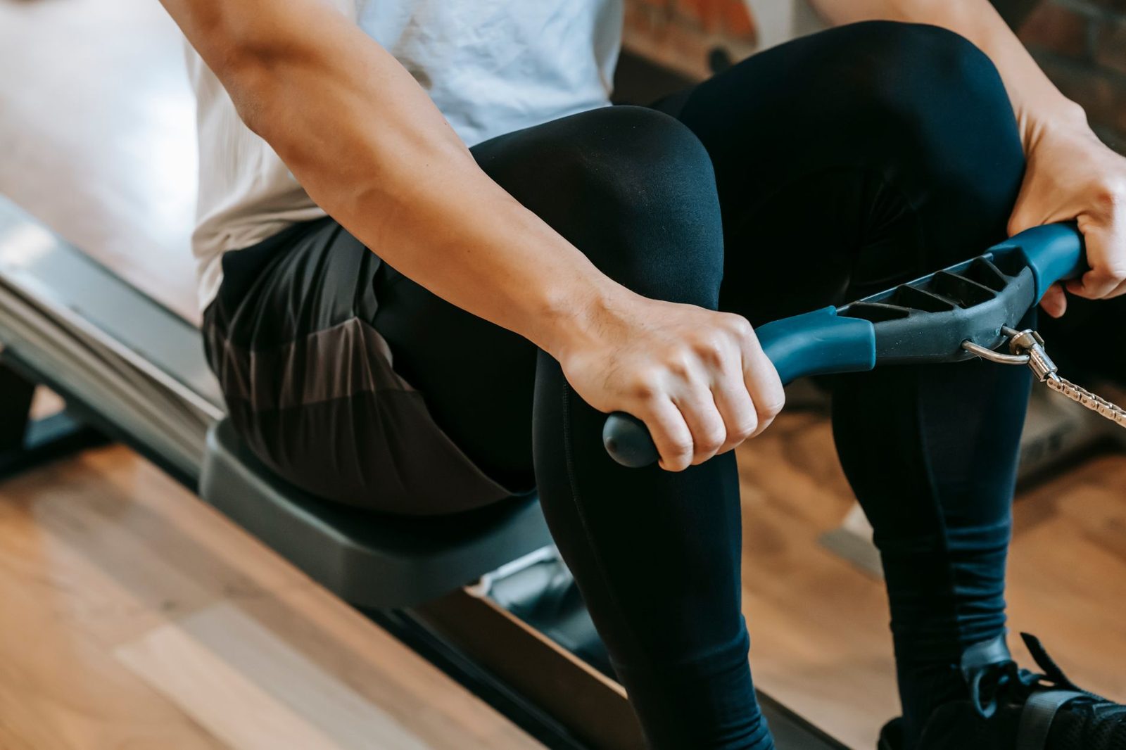 Close-up of a rowing machine stroke